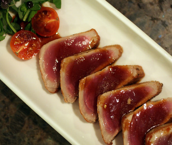 Seared Bluefin Tuna ~ Small Plates from the Sushi Bar ~ sustainably farmed bluefin tuna with sweet tamari sesame oil