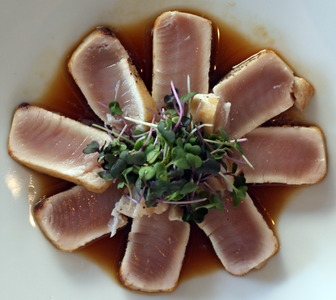 Albacore Tataki ~ Small Plates from the Sushi Bar ~ seared and served with yellow onion, negi, shiso and ponzu sauce