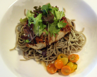 Grilled Ivory King Salmon ~ Small Plates from the Kitchen ~ served with cha soba and marinated cherry tomatoes with balsamic teriyaki sauce