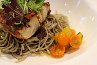 Grilled Ivory King Salmon ~ Small Plates from the Kitchen ~ served with cha soba and marinated cherry tomatoes with balsamic teriyaki sauce