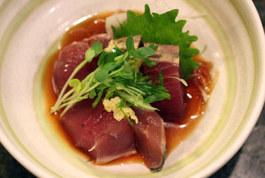 Aku Tataki ~ Small Plates from the Sushi Bar ~ Hawaiian skipjack tuna seared and served with grated garlic, scallions and ponzu sauce