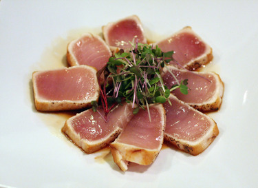 Albacore Tataki ~ Small Plates from the Sushi Bar ~ seared and served with yellow onion, negi, shiso and ponzu sauce